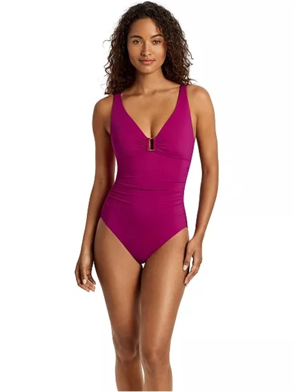 Lauren Ralph Lauren Fuchsia One-Piece Swimsuit with V-Neck Hardware